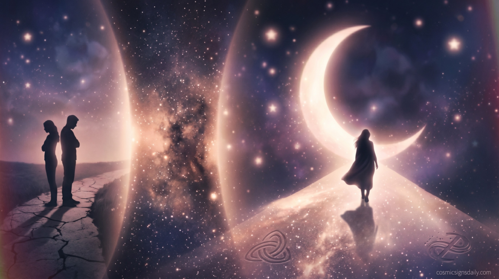 A cosmic illustration showing two silhouetted figures separating on a cracked path, while a single figure walks toward a glowing crescent moon on a starlit path, symbolizing the spiritual journey of healing and ending karmic relationships.