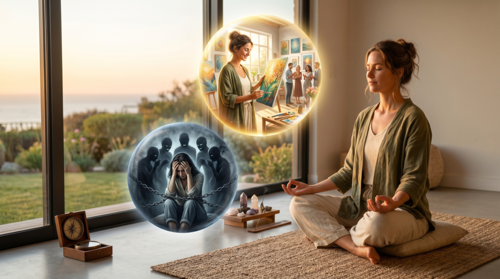 A realistic photograph of a woman meditating in a calm room, visualized with two distinct mental bubbles representing the conflict of manifestation blocks: a golden, bright bubble showing her manifesting her desired career as a successful artist, contrasted against a dark, chained bubble with shadowy figures representing inner resistance and doubt. A wooden compass, lit lantern, and an inkwell with quill are on a table.