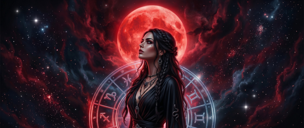 A dark cinematic astrology banner representing the most dangerous zodiac sign, featuring a mysterious woman in a black gown, a glowing red moon, and an illuminated zodiac wheel against a shadowy cosmic sky.