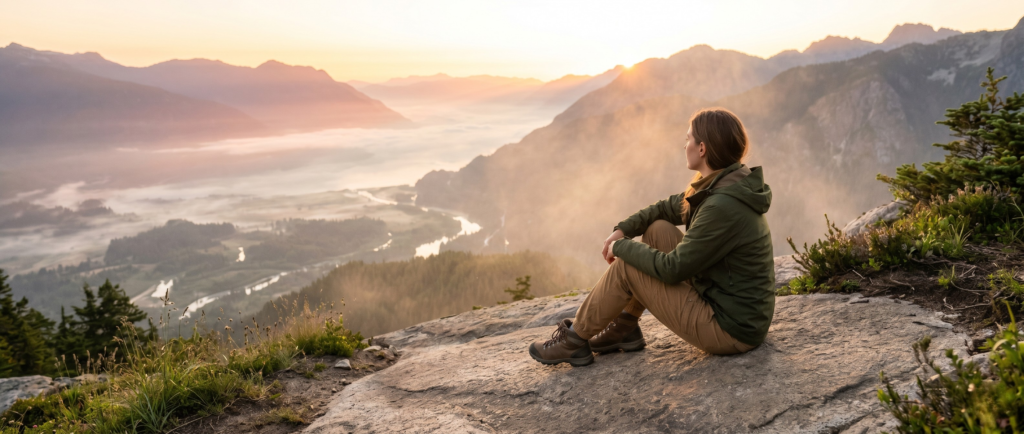 A solitary hiker sitting on a rocky outcrop overlooking a vast, misty mountain valley at sunrise, illustrating the contemplative stages of spiritual awakening.