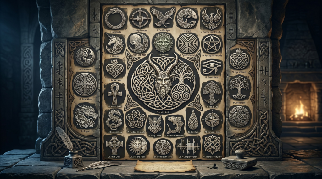 A carved stone tablet and parchment displaying various mystic Celtic tattoo ideas, including the Tree of Life, dragons, and intricate knotwork, set in an ancient, atmospheric room.