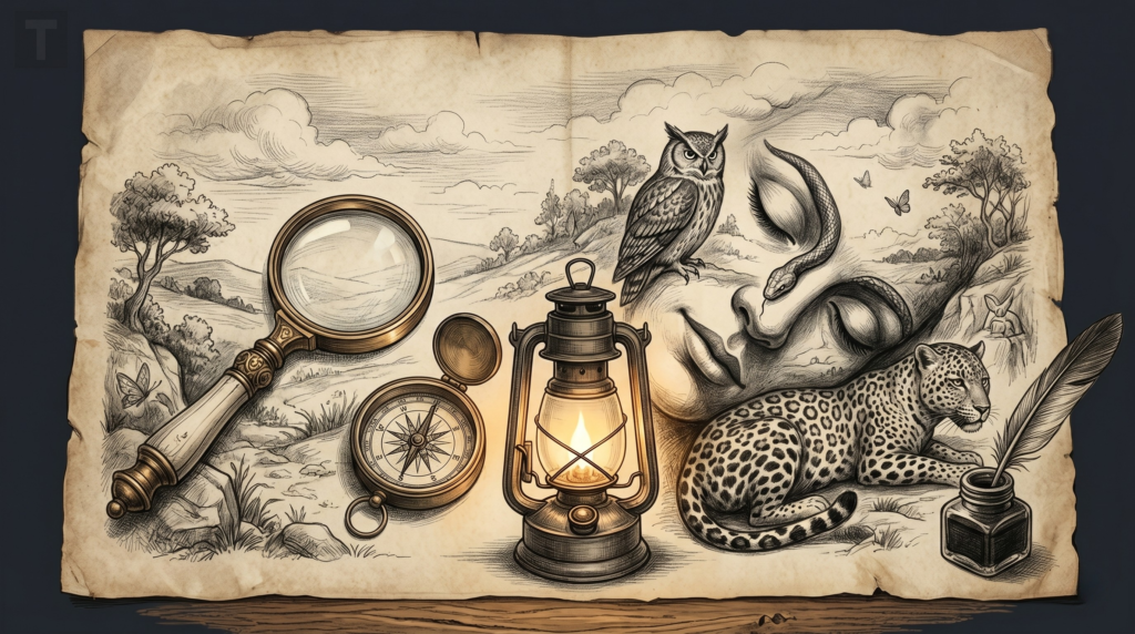 An antique-style sketch on aged parchment of a mysterious landscape featuring a sleeping woman's profile. Surrounding her are objects of exploration like a magnifying glass, compass, and lantern, plus a crouching leopard and an owl, illustrating the theme of discovery for our optical illusion personality test.