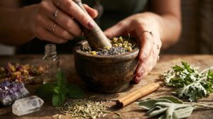 A close-up of hands grinding botanical ingredients in a dark wooden mortar and pestle. The table is scattered with various green witch herbs, including fresh mint, loose dried rosemary, sage leaves, a cinnamon stick, and natural crystal points.