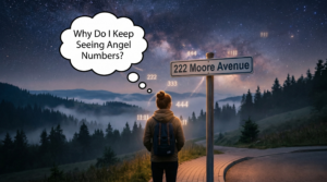 A back-view of a person with a backpack standing on a road at night, looking at a street sign for '222 Moore Avenue.' A thought bubble above them contains the text: 'Why Do I Keep Seeing Angel Numbers?' Floating number sequences such as 111, 222, 333, 444, and 11:11 surround the area under a starry sky.