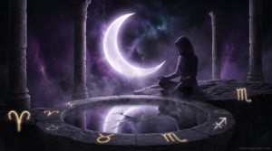 A dark celestial image of a hooded woman in a meditative pose seated between ancient columns before a mystical reflective pool with glowing golden zodiac symbols under a crescent moon, illustrating signs the universe is testing you.