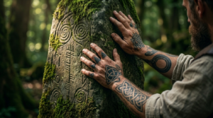 A person displaying spiritual Celtic tattoo ideas, including intricate knotwork and an Ouroboros, while touching an ancient, moss-covered standing stone carved with spirals in a forest.