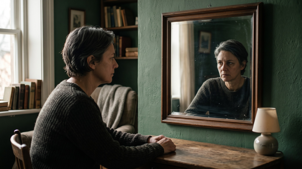 A woman sitting alone looking intently at her reflection in a vintage mirror, symbolizing the introspective process of learning how to stop self sabotage.