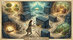 A detailed, vintage-style engraving of "THE UNSEEN PATHWAY," illustrating the concept of internal manifestation blocks within a subconscious labyrinth. An explorer figure with a compass and magnifying glass attempts to navigate past massive stone blocks carved with frowning faces, labeled with internal obstacles like "Doubt," "Fear of Delay," and "Anxiety over 'How'." These blocks physically obstruct pathways to desired destinations like a crystalline city of knowledge, a cozy family fireplace, and a flourishing greenhouse of "Creation." The explorer identifies the subtle, unblocked path of "Aligned Action" to bypass the "Delayed by Fear" block.