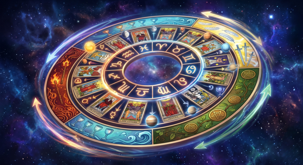 A dynamic mystical diagram of the 2nd Vane Wheel, illustrating how astrology transits align with tarot archetypes, zodiac signs, and elemental energies.