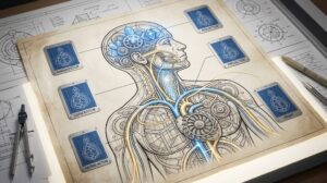 A detailed vintage blueprint on a drafting table illustrating the internal energetic mechanics of the body, representing the core types within the Human Design System.
