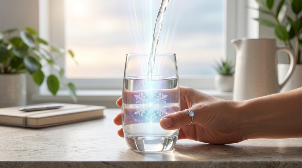 A hand holding a clear glass of water with a glowing, symmetrical snowflake crystal inside, demonstrating the water manifestation technique.