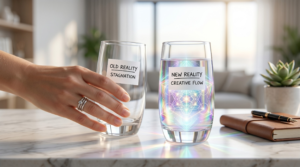 A hand reaching toward two glasses demonstrating the two-cup water manifestation technique, with one empty glass labeled old reality and a full, glowing glass labeled new reality.