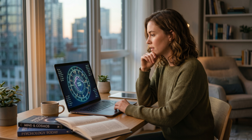 A thoughtful woman sitting at a desk by a window in a modern apartment, analyzing glowing digital astrology charts on her laptop screen.