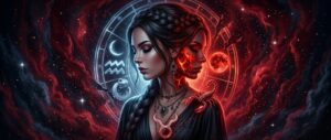 Dramatic digital illustration depicting a woman with a dual nature split between cool cosmic water tones (Aquarius) and fiery red volcanic tones (Scorpio and Taurus) against a large glowing zodiac wheel, exploring the concept of zodiac signs duality.