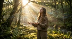 A serene woman standing in a sunlit forest with open hands, absorbing glowing waves of light as she experiences a powerful energetic reset in nature.