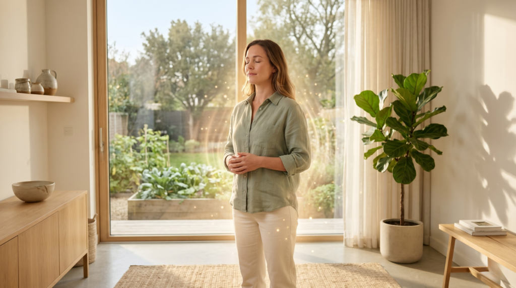 A woman with a glowing aura meditating in a sunny living room during an energetic reset.
