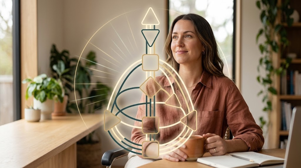 Woman sitting peacefully at a desk with a glowing Human Design BodyGraph overlay, illustrating Human Design for success.
