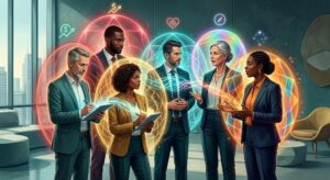 A diverse team of professionals interacting in an office, surrounded by glowing aura fields and success symbols representing the use of Human Design for success in collaboration and career.