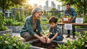 A senior woman and a young boy manifesting positive energy through community gardening and reciprocity in an urban setting.