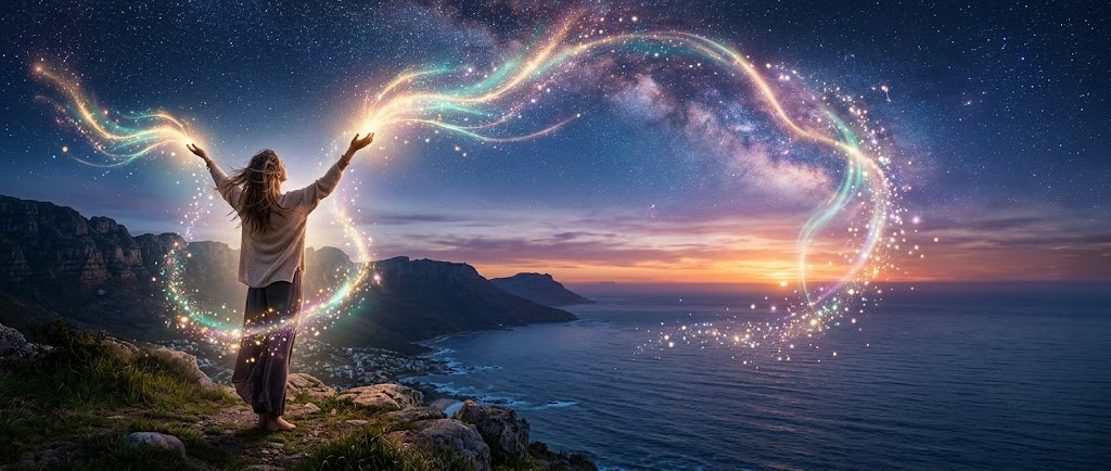 A woman on a clifftop manifesting positive energy by connecting with a constellation in a starry night sky.