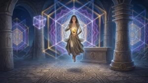 A mystical illustration of a woman levitating in an ancient stone temple chamber, holding a glowing golden orb and surrounded by vibrant, geometric rare sacred symbols glowing in neon blue and purple.