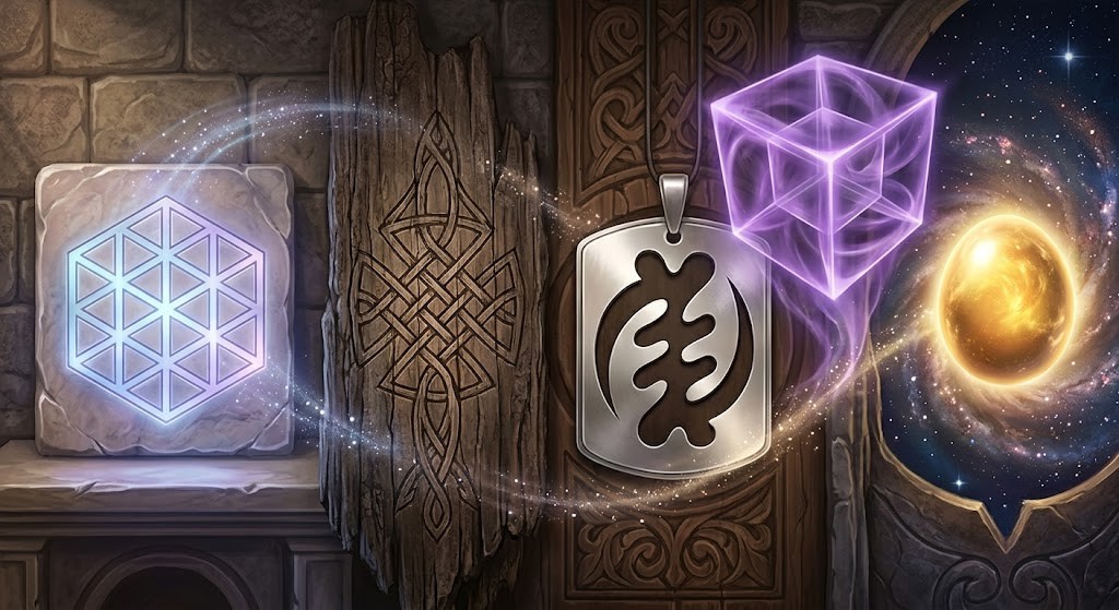 A mystical banner image showcasing rare sacred symbols, including a glowing geometric grid, carved Norse knotwork, a metallic Adinkra emblem, a glowing purple tesseract, and a radiant golden cosmic egg set against a textured stone and starry space background.