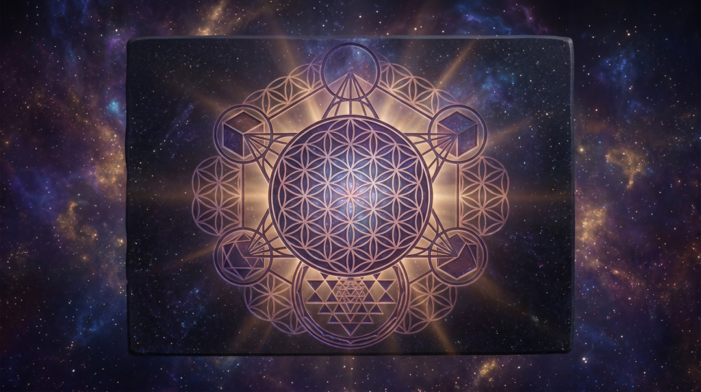 A glowing cosmic illustration featuring interconnected sacred geometry patterns, including the Flower of Life and Metatron's Cube.