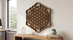 A layered wooden wall art piece displaying intricate sacred geometry patterns in a modern, mindful home setting.