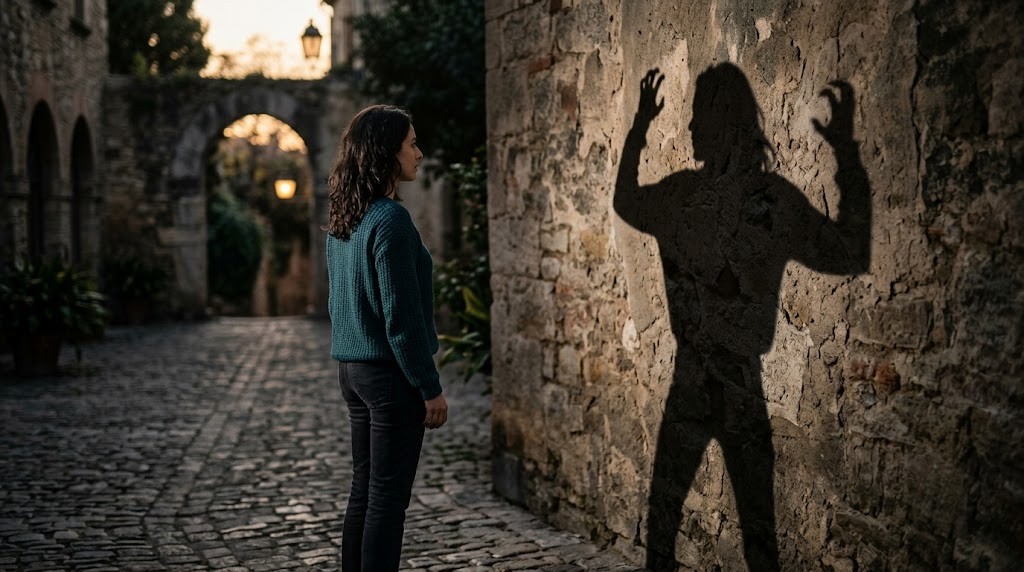 A photo of a woman in a cobblestone street, looking at a wall where multiple menacing, clawed shadows of people and abstract symbols are cast, representing her encountered 'shadow work triggers'.