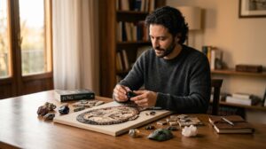 A man carefully assembling a fragmented mosaic of a face, symbolizing the process of healing and integrating your shadow work triggers.