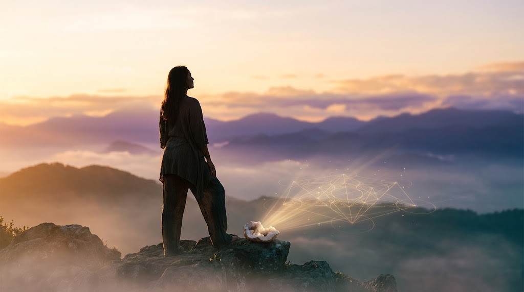 A woman standing on a misty mountain peak beside a glowing crystal at sunrise, representing the clear signs your manifestation is coming.