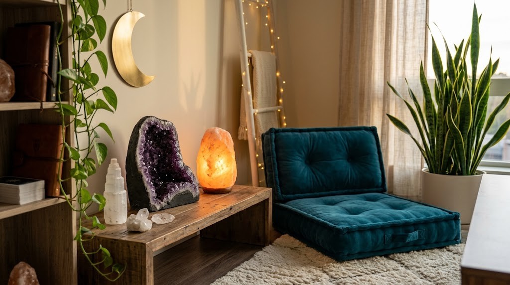 A serene home sanctuary corner featuring an amethyst geode, a lit Himalayan salt lamp, crystals, and a teal floor cushion, showcasing intentional spiritual home decor to raise the room's vibration.