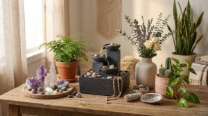 A collection of spiritual home decor including a tabletop fountain, crystals, indoor plants in terracotta pots, and a vase of flowers on a rustic wooden table.