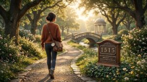A woman in an orange sweater walks along a backlit garden path towards a stone bridge and gazebo. In the foreground, a prominent wooden milestone sign is visible, clearly inscribed with the text: "1515 MILEPOST 1515: PATH OF POSITIVE CHANGE".