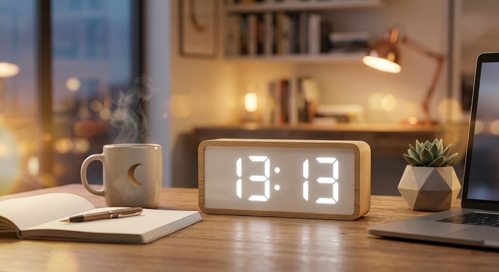 Modern wooden digital clock displaying the time 13:13, representing Angel Number 1313, on a cozy home office desk.