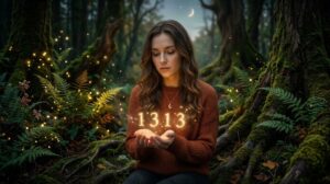 A woman sitting in a mystical forest holding glowing light that forms angel number 1313 in her hands.
