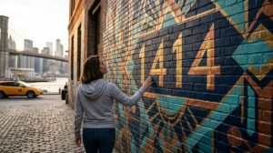 A woman in a grey hoodie touches the large, gold-painted digits 1414, which represent the angel number 1414, on a vibrant brick mural in a Brooklyn alley, with the Manhattan skyline and Brooklyn Bridge visible in the background.