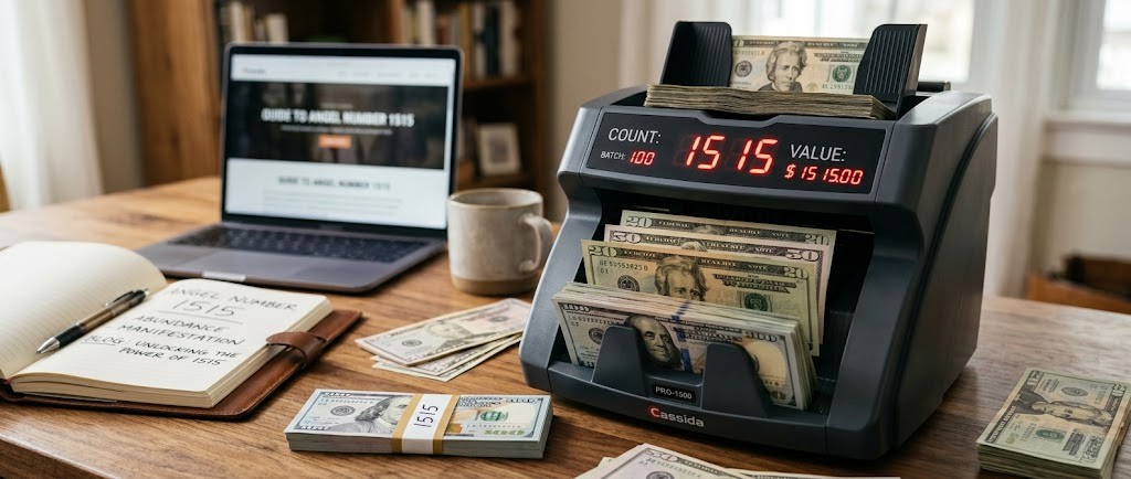 A photograph of a desk with a currency counter prominently displaying 'COUNT: 1515' and a large sum of dollars, surrounded by stacks of US currency. A laptop and an open notebook nearby also show text and information focusing on the meaning, guidance, and success associated with 'angel number 1515'.