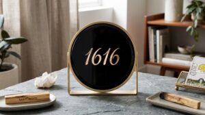 A modern gold-framed black scrying mirror displaying the angel number 1616 in glowing script, on a desk with a quartz crystal, tarot cards, and sage bundles.