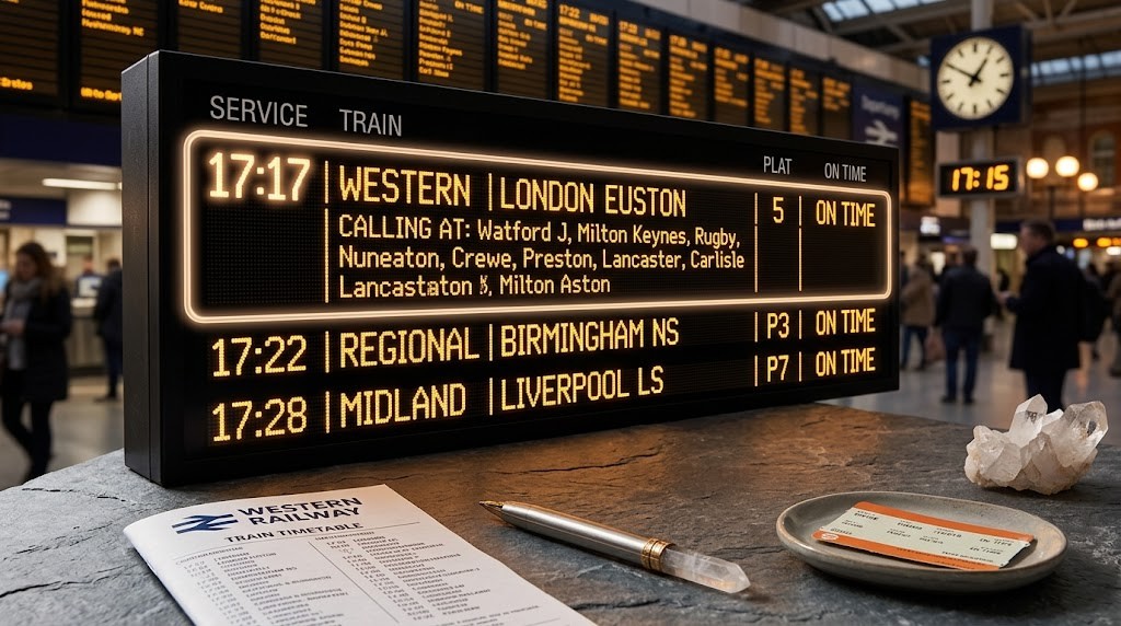 A realistic train station departures board showing a 17:17 Western train to London Euston, illustrating the manifestation potential of angel number 1717, next to a quartz crystal, pen, and ticket.