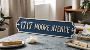A vintage, cast-metal street sign, deep blue with cream-colored raised lettering, that displays '1717 MOORE AVENUE', resting on a textured slate surface in a mindful study, alongside a quartz crystal, tarot cards, and wood smudge sticks.