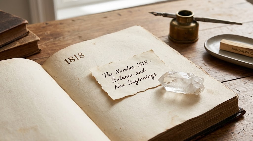 A realistic photograph of an ancient, leather-bound book open to page '1818', next to a natural clear quartz crystal cluster. A handwritten note on aged paper, reading 'The Angel Number 1818 - Balance and New Beginnings', is placed on the book. The setting is a rustic wooden table with vintage books, a brass inkwell, and sandalwood in the background.