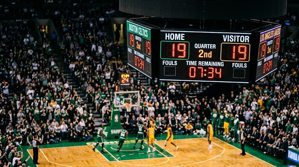 Electronic scoreboard displaying a 19-19 tie during a Boston Celtics and Los Angeles Lakers game, visualizing angel number 1919.