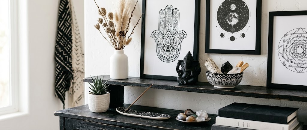 Black and white spiritual decor arranged on a dark wooden shelf, featuring framed hamsa and moon phase art, a black Ganesha statue, burning incense, and crystals.