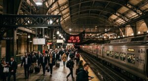 Bustling historic train station platform under a vaulted ceiling, where a large clock and an LED digital display above the tracks both prominently show the time as 19:19, a clear representation of the angel number 1919, surrounded by commuters and a Metro-North train.