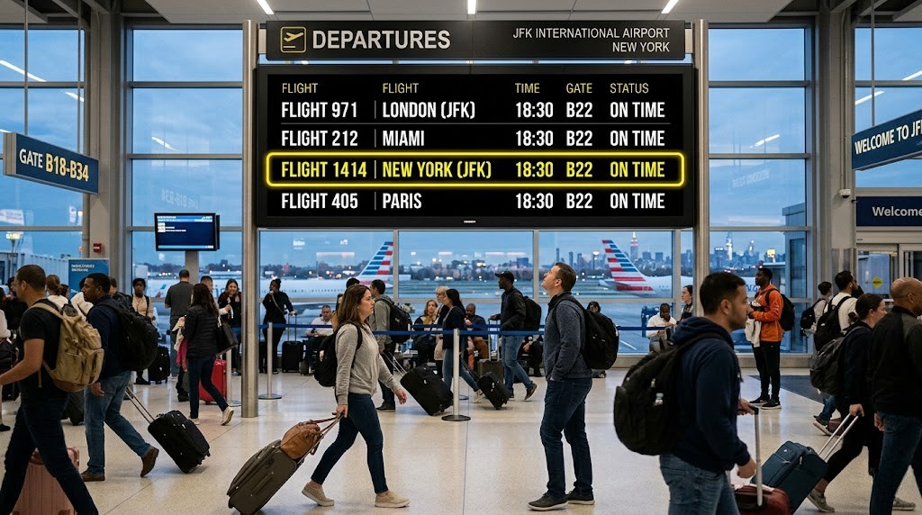 A photograph of an airport departures board at JFK International Airport, with the row for "FLIGHT 1414" prominently highlighted with a yellow border, representing a real-world manifestation of the angel number 1414.