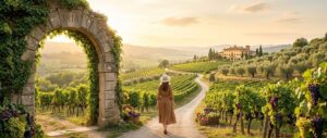 A woman in a hat walks down a winding path through a lush Tuscan vineyard at sunset, passing a large stone archway prominently inscribed with the year 1818, evoking the spiritual meaning of angel number 1818 for abundance and success.